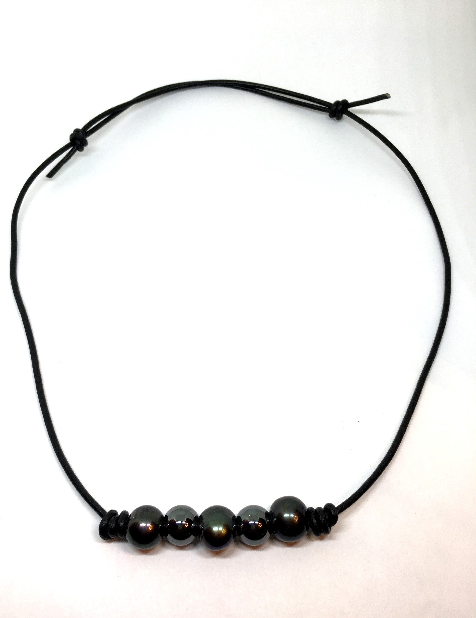 Black Pearl and Hematite Adjustable Knotted Black Leather Necklace 