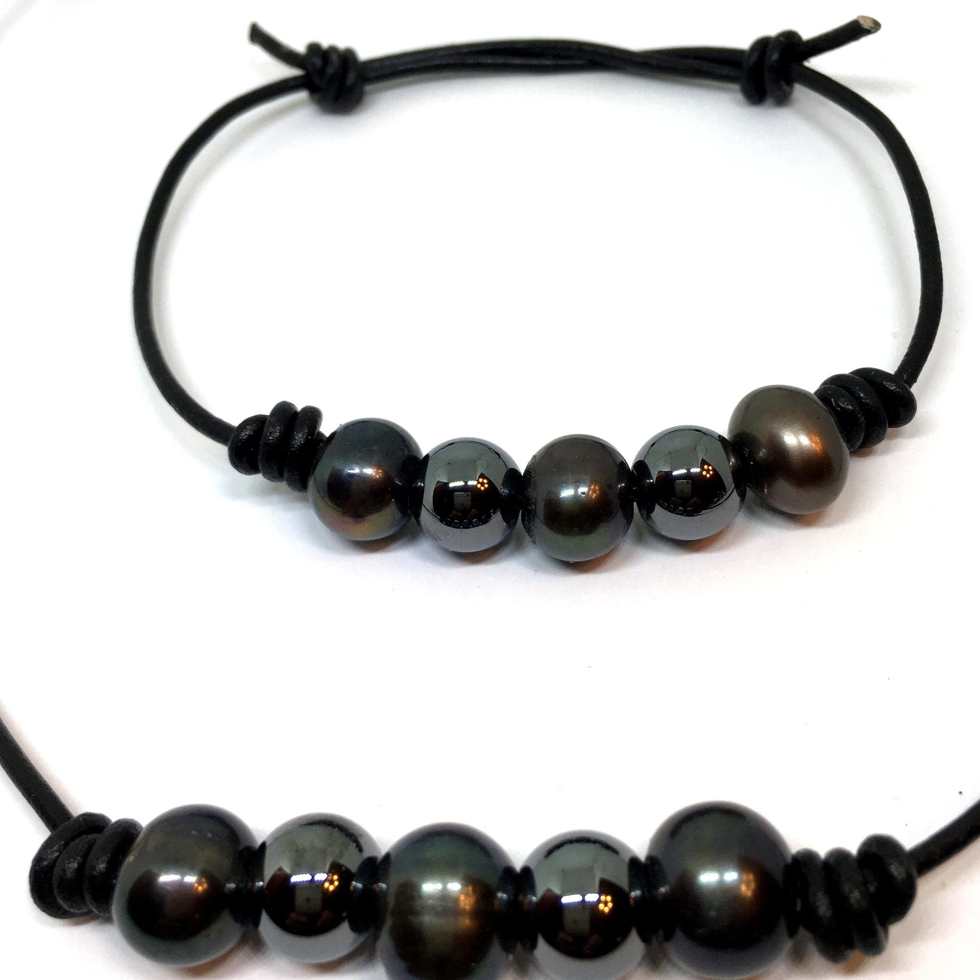 Black Peacock Pearl and Hematite Knotted Leather Bracelet for Men and Women