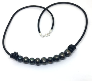 Black Pearl Barrel Knot Black Leather Necklace for Men and Women