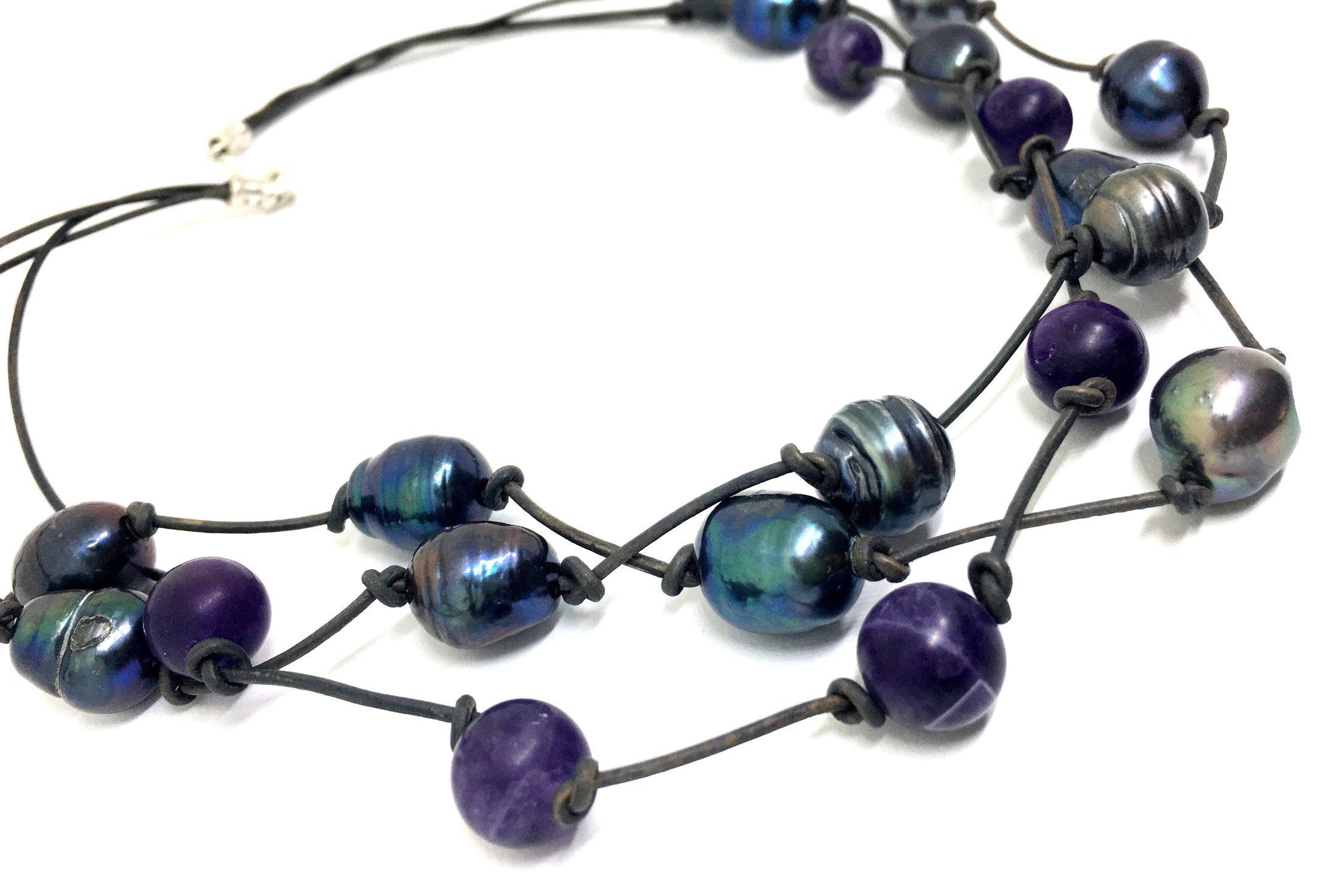 Baroque Peacock Black Pearl and Amethyst Triple Strand Knotted Leather Necklace