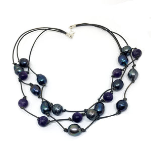 Baroque Peacock Black Pearl and Amethyst Triple Strand Knotted Leather Necklace