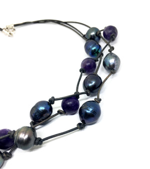 Baroque Peacock Black Pearl and Amethyst Triple Strand Knotted Leather Necklace