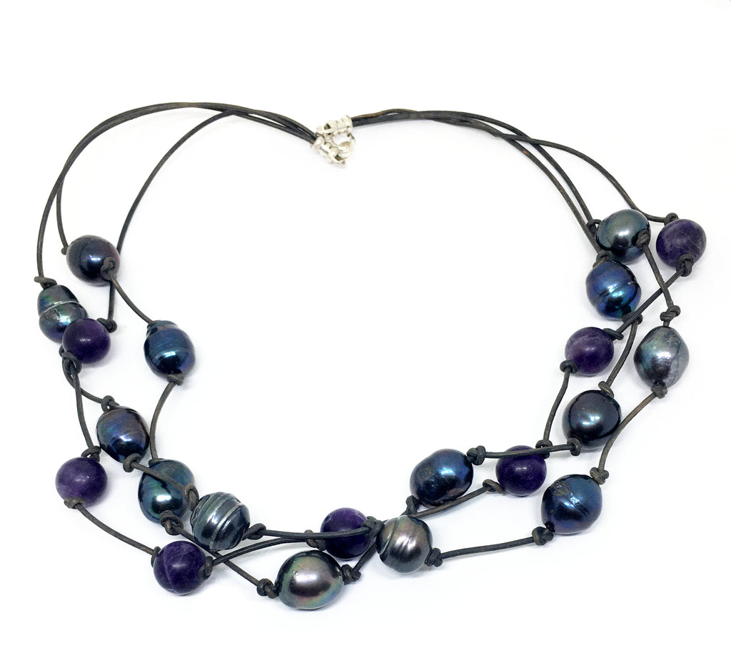 Baroque Peacock Black Pearl and Amethyst Triple Strand Knotted Leather Necklace