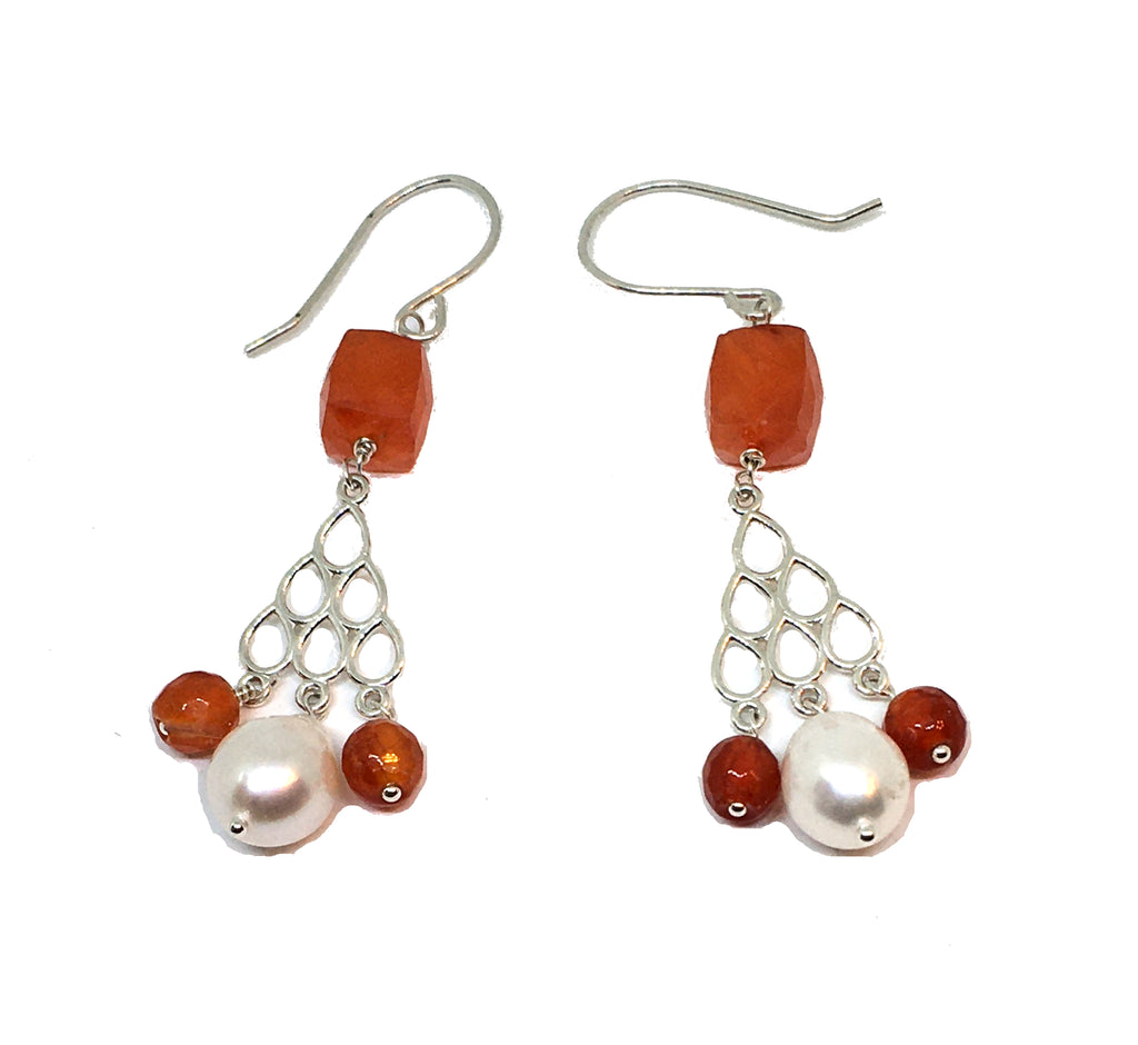 Carnelian and Freshwater Pearl Chandelier Earrings in Sterling Silver