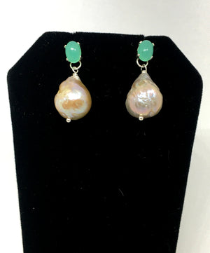 Fireball Pearl and Chrysoprase Earrings in Sterling Silver