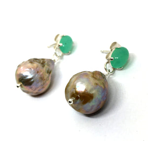 Fireball Pearl and Chrysoprase Earrings in Sterling Silver