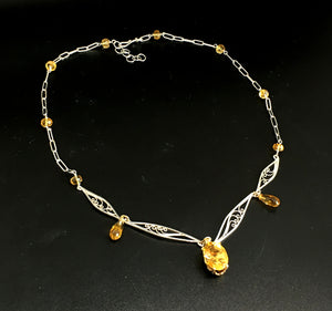 handmade russian filigree necklace with citrine in sterling silver and 14K yellow gold