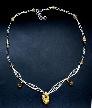 Handmade Fiigree Necklace with Citrine in Silver and 14K Yellow Gold