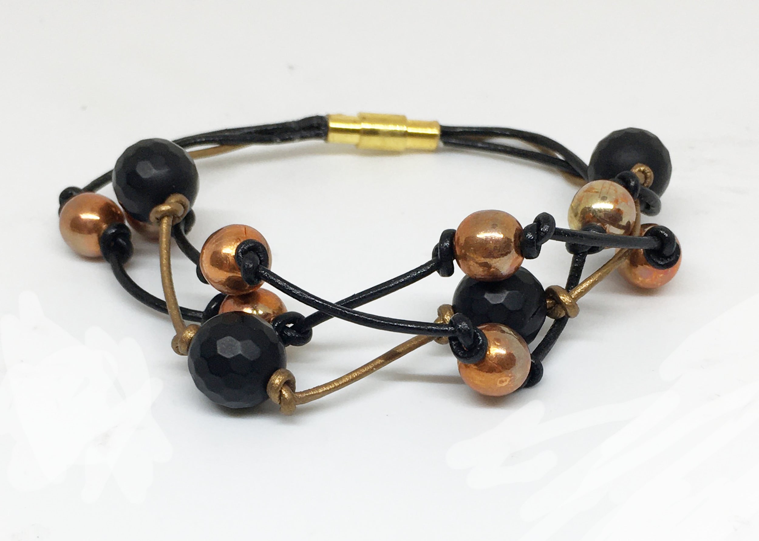 Flame Painted Copper Bead and Onyx Triple Strand Leather Bracelet