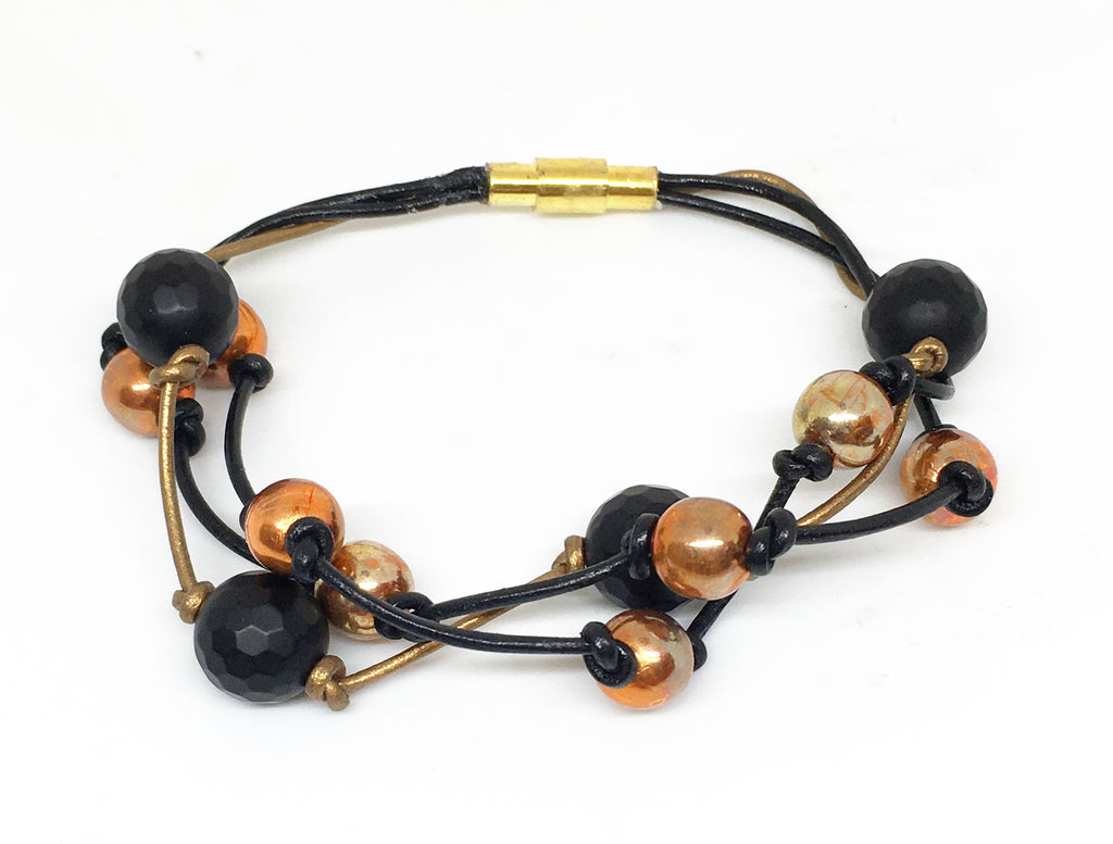 Flame Painted Copper Bead and Onyx Triple Strand Leather Bracelet