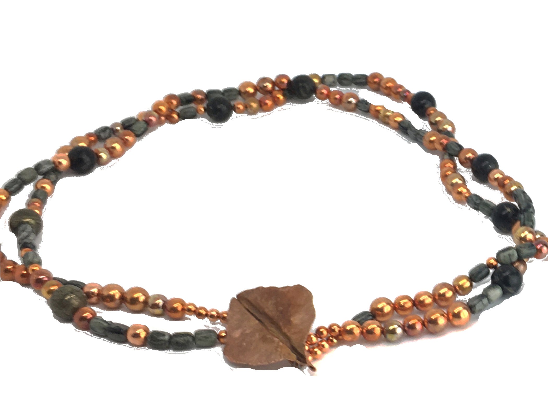 Double Strand Arizona Gemstone Sonoran Sunset Necklace with Hand Forged Copper Leaf