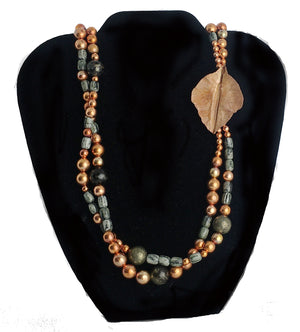 Double Strand Arizona Gemstone Sonoran Sunset Necklace with Hand Forged Copper Leaf