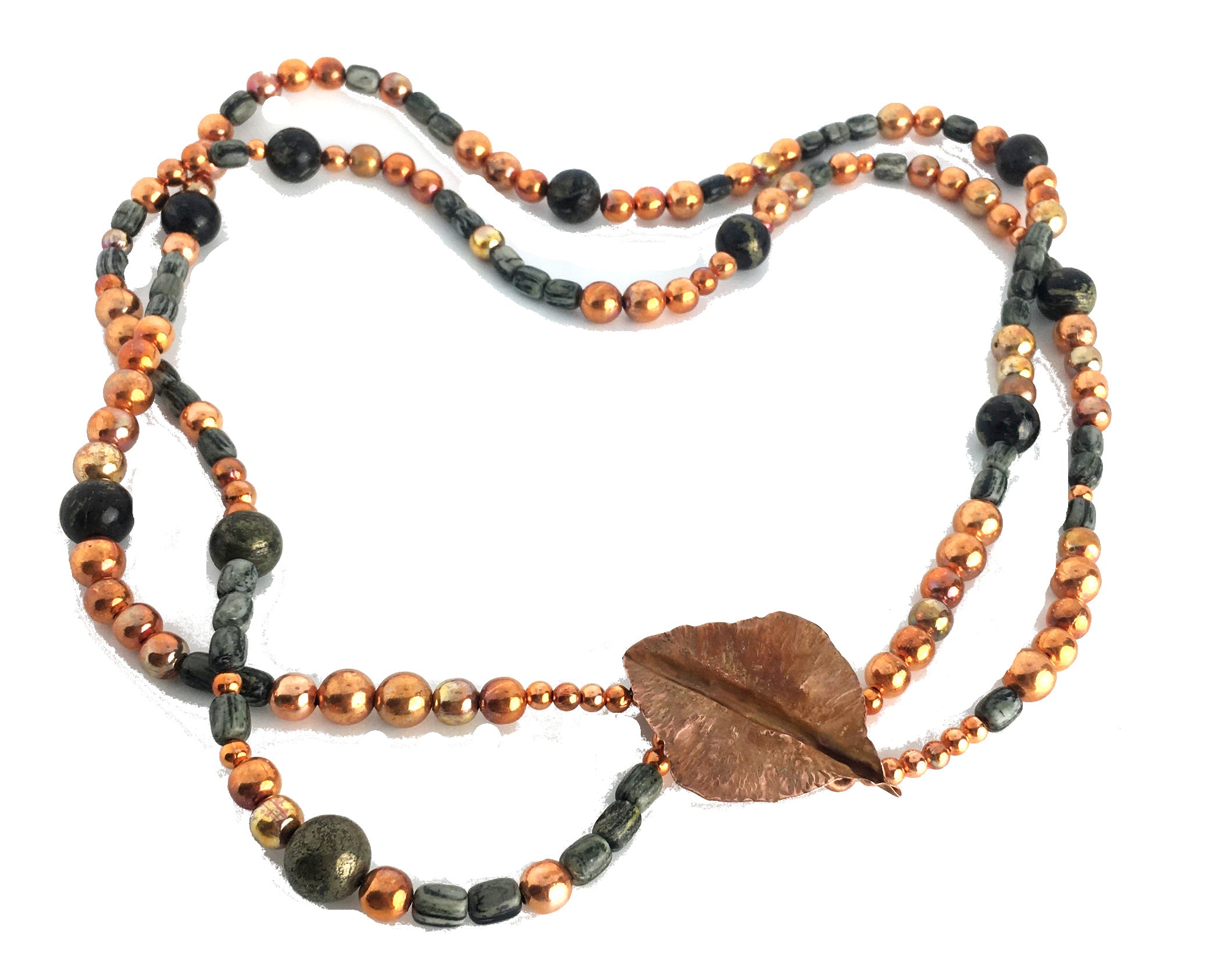 Multi stone, copper wrapped necklace on multi cord/ribbon necklace