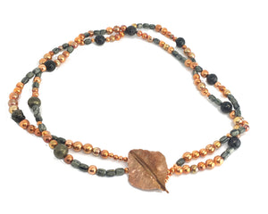 Double Strand Arizona Gemstone Sonoran Sunset Necklace with Hand Forged Copper Leaf