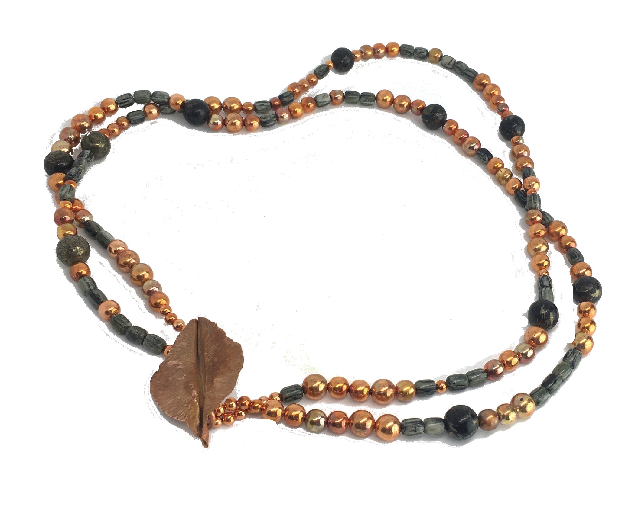 Double Strand Arizona Gemstone Sonoran Sunset Necklace with Hand Forged Copper Leaf