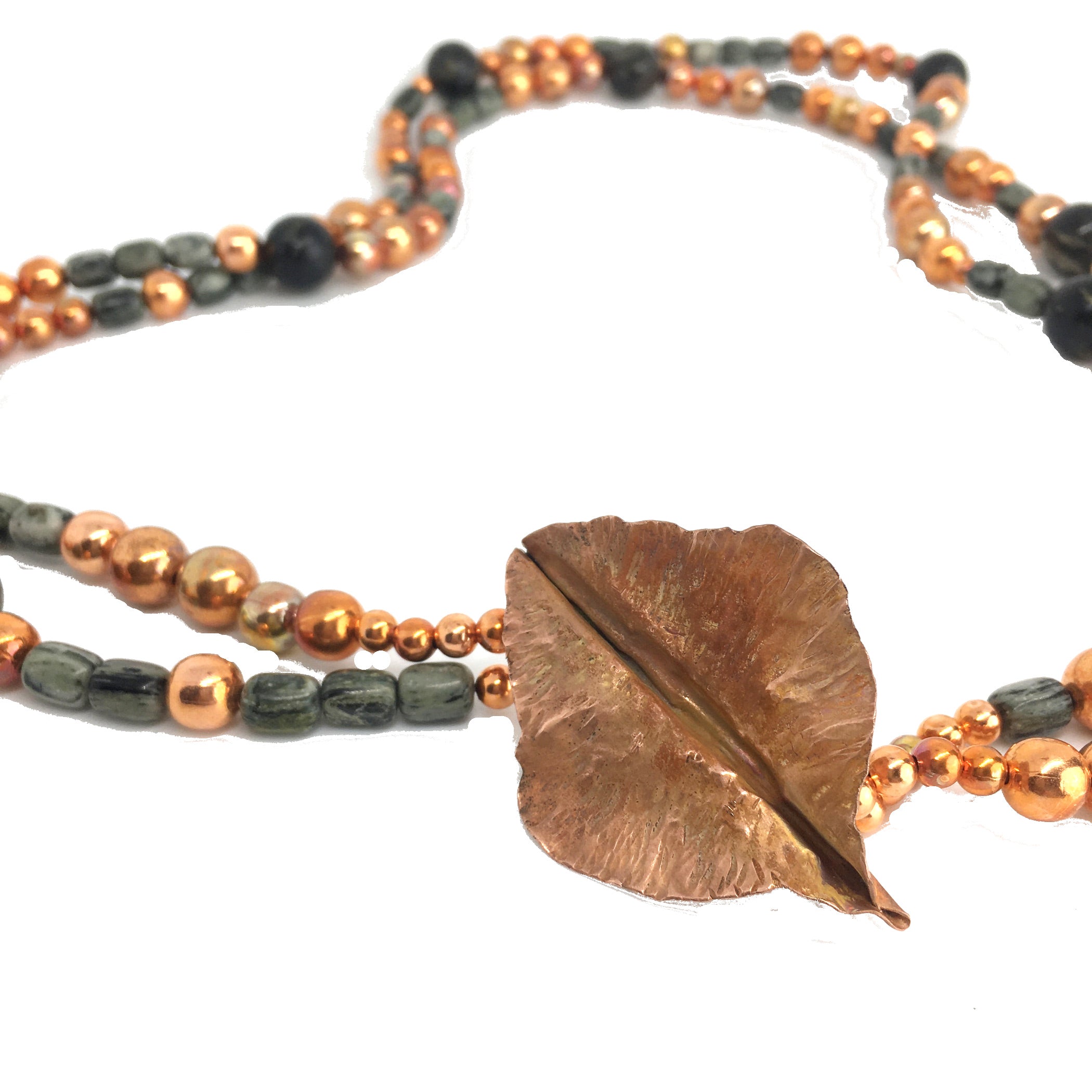 Double Strand Arizona Gemstone Sonoran Sunset Necklace with Hand Forged Copper Leaf