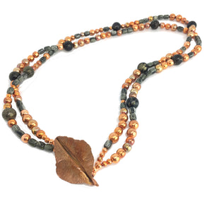 Double Strand Arizona Gemstone Sonoran Sunset Necklace with Hand Forged Copper Leaf