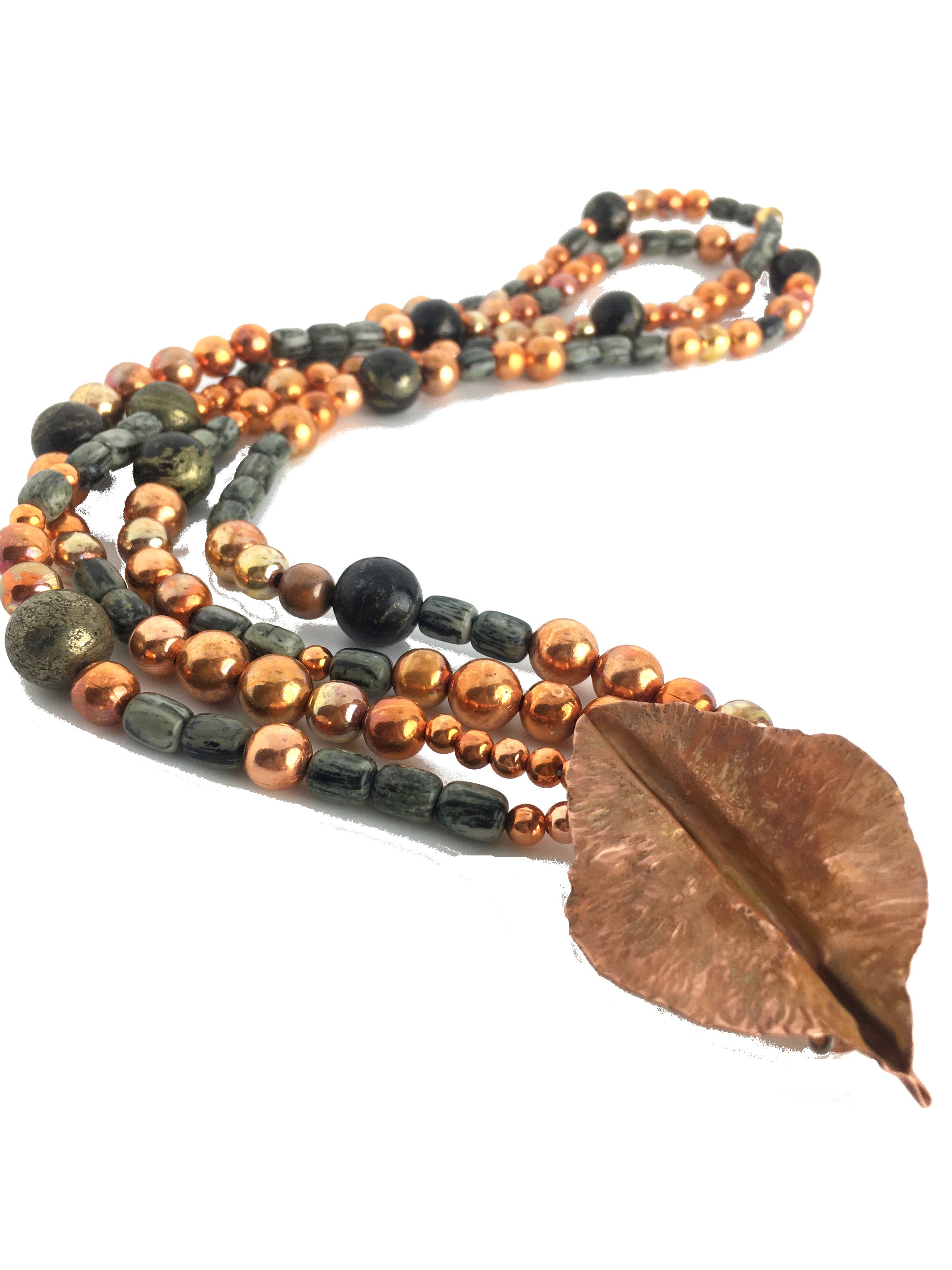 Double Strand Arizona Gemstone Sonoran Sunset Necklace with Hand Forged Copper Leaf