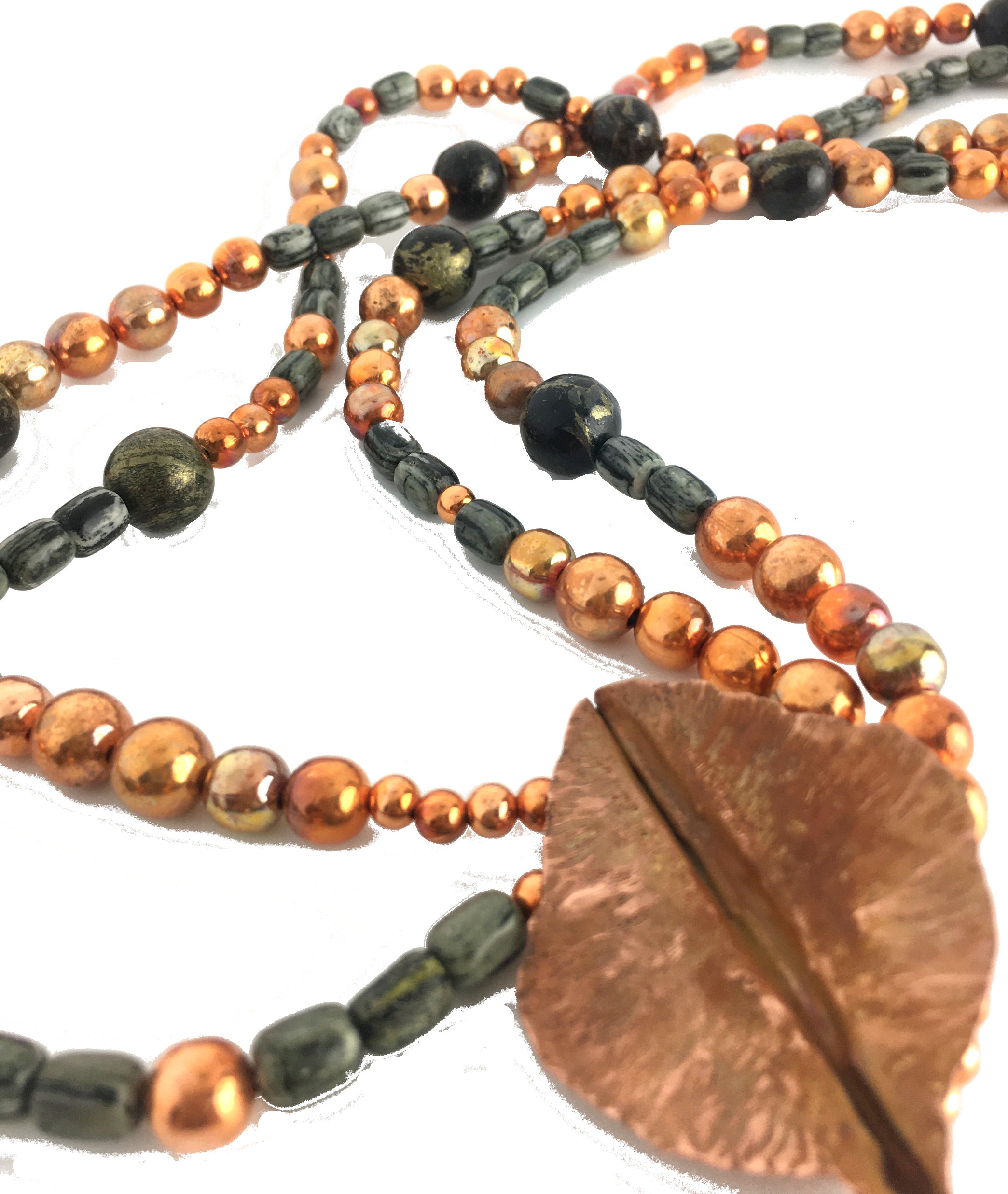 Double Strand Arizona Gemstone Sonoran Sunset Necklace with Hand Forged Copper Leaf