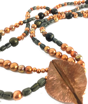 Double Strand Arizona Gemstone Sonoran Sunset Necklace with Hand Forged Copper Leaf