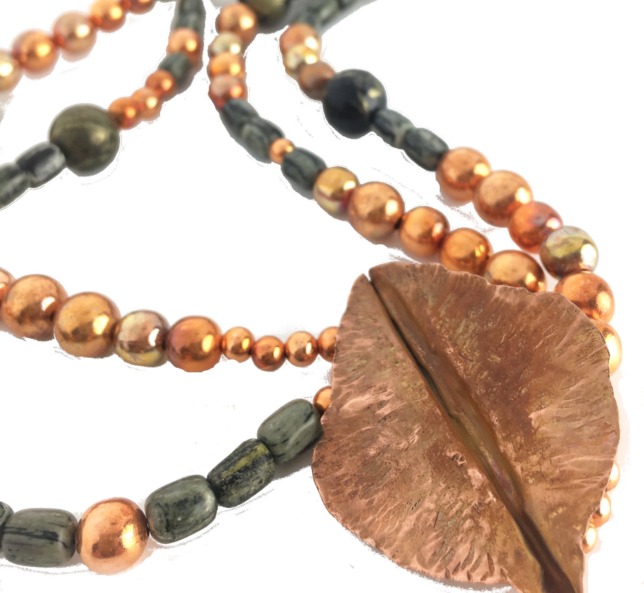 Double Strand Arizona Gemstone Sonoran Sunset Necklace with Hand Forged Copper Leaf