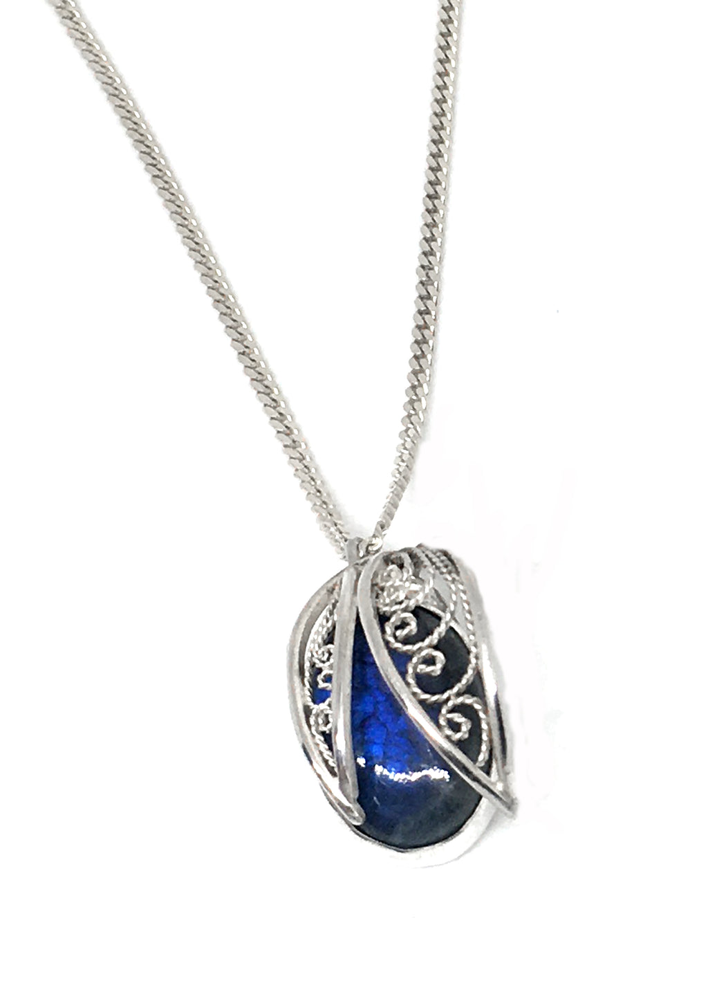handmade silver filigree and labradorite pendant necklace on sterling silver curb chain