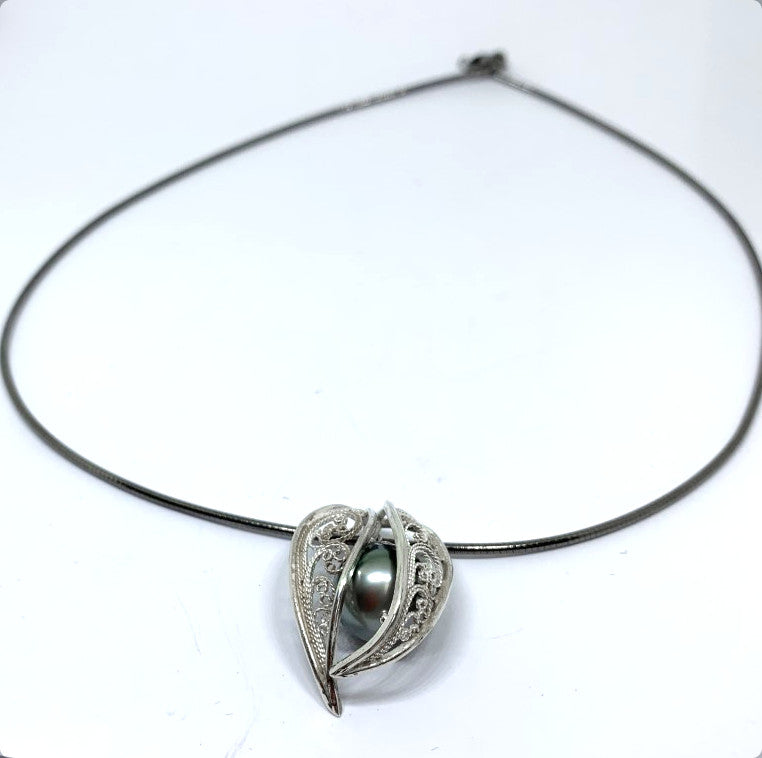 Handmade Silver Filigree Pendant Necklace with Tahitian Pearl -  Hidden Gem Series II