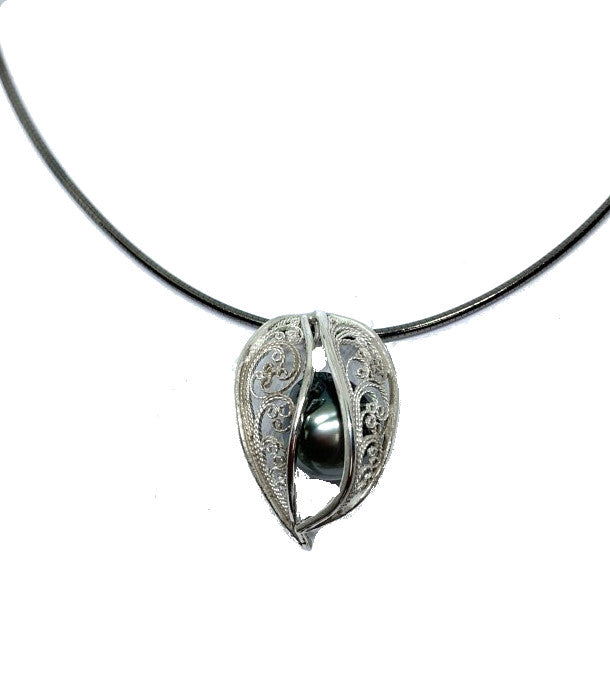 handmade silver filigree pendant with black tahitian pearl on oxidized sterling silver snake chain