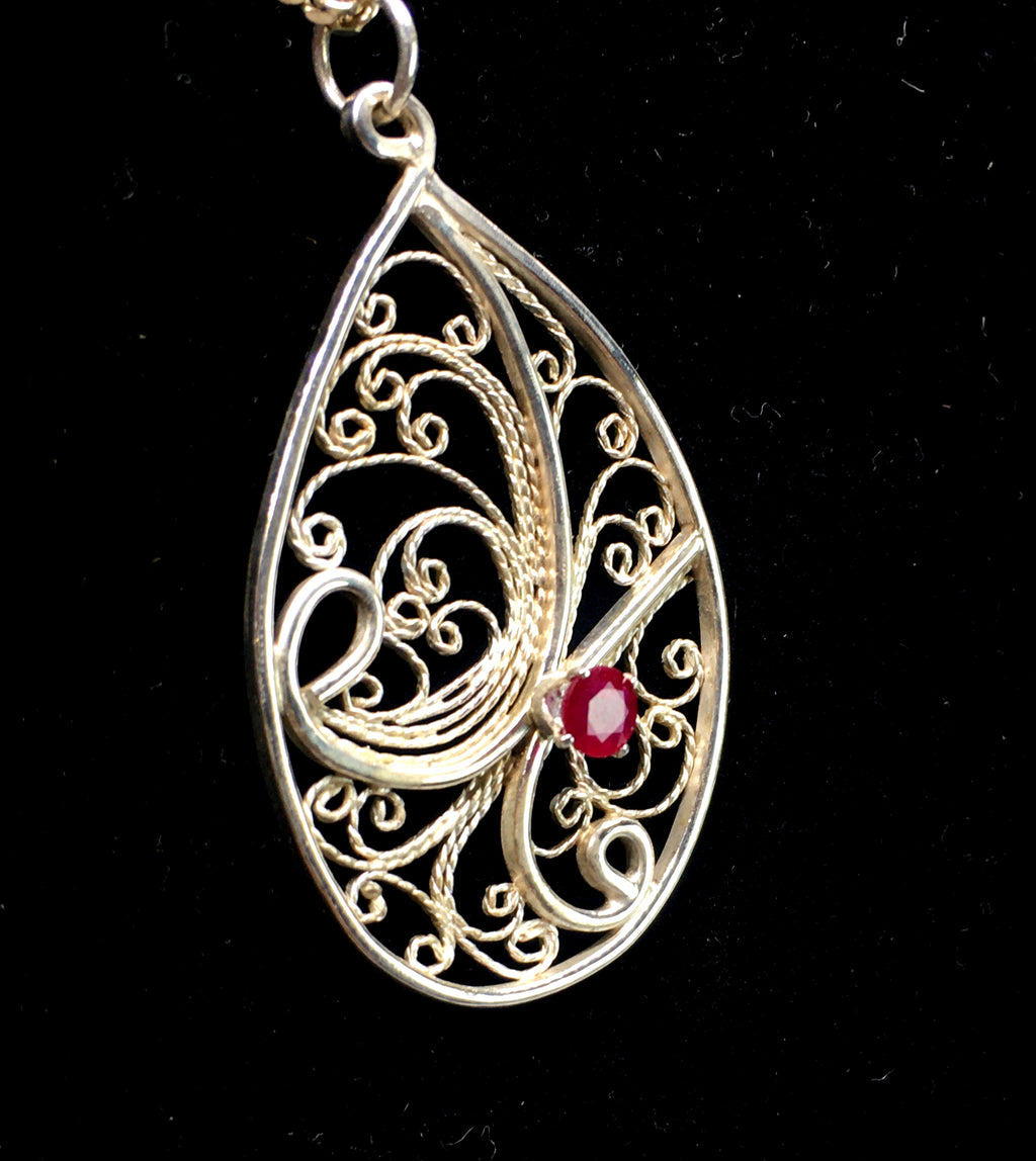 Handmade Filigree Pendant Necklace with Ruby