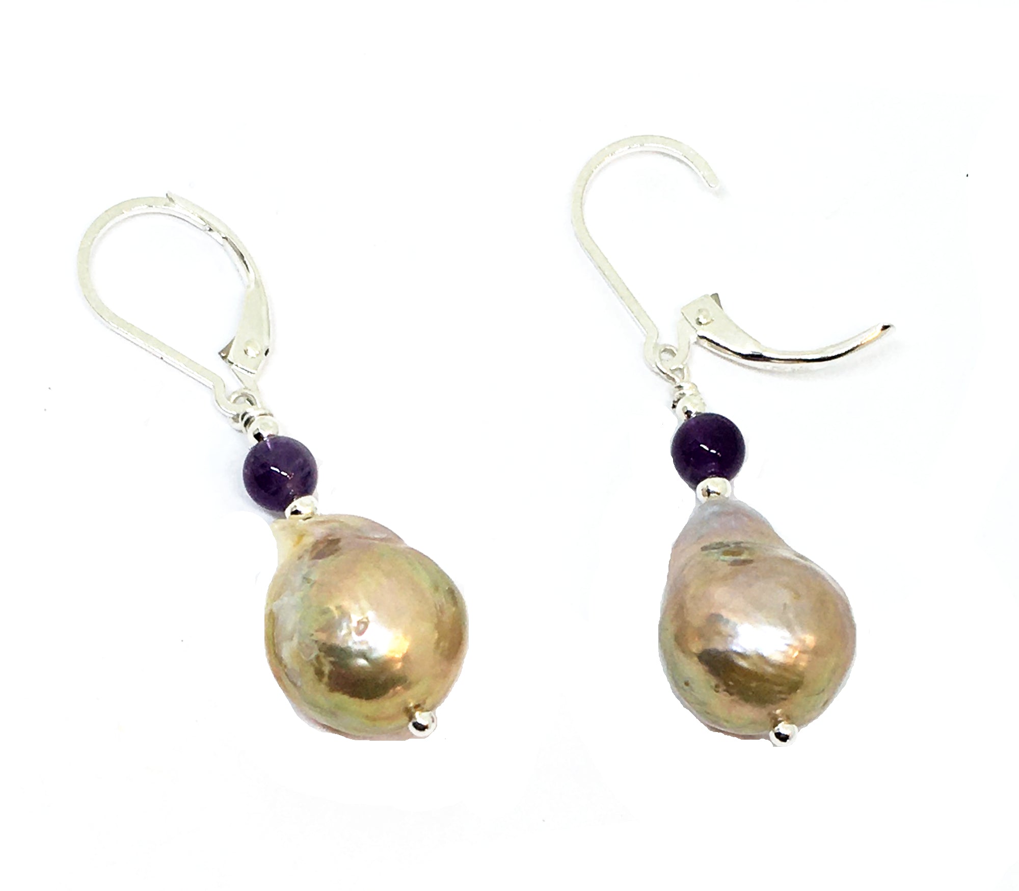 Fireball Pearl and Amethyst Drop Earrings with Leverback Earwires