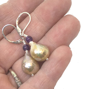 Fireball Pearl and Amethyst Drop Earrings with Leverback Earwires