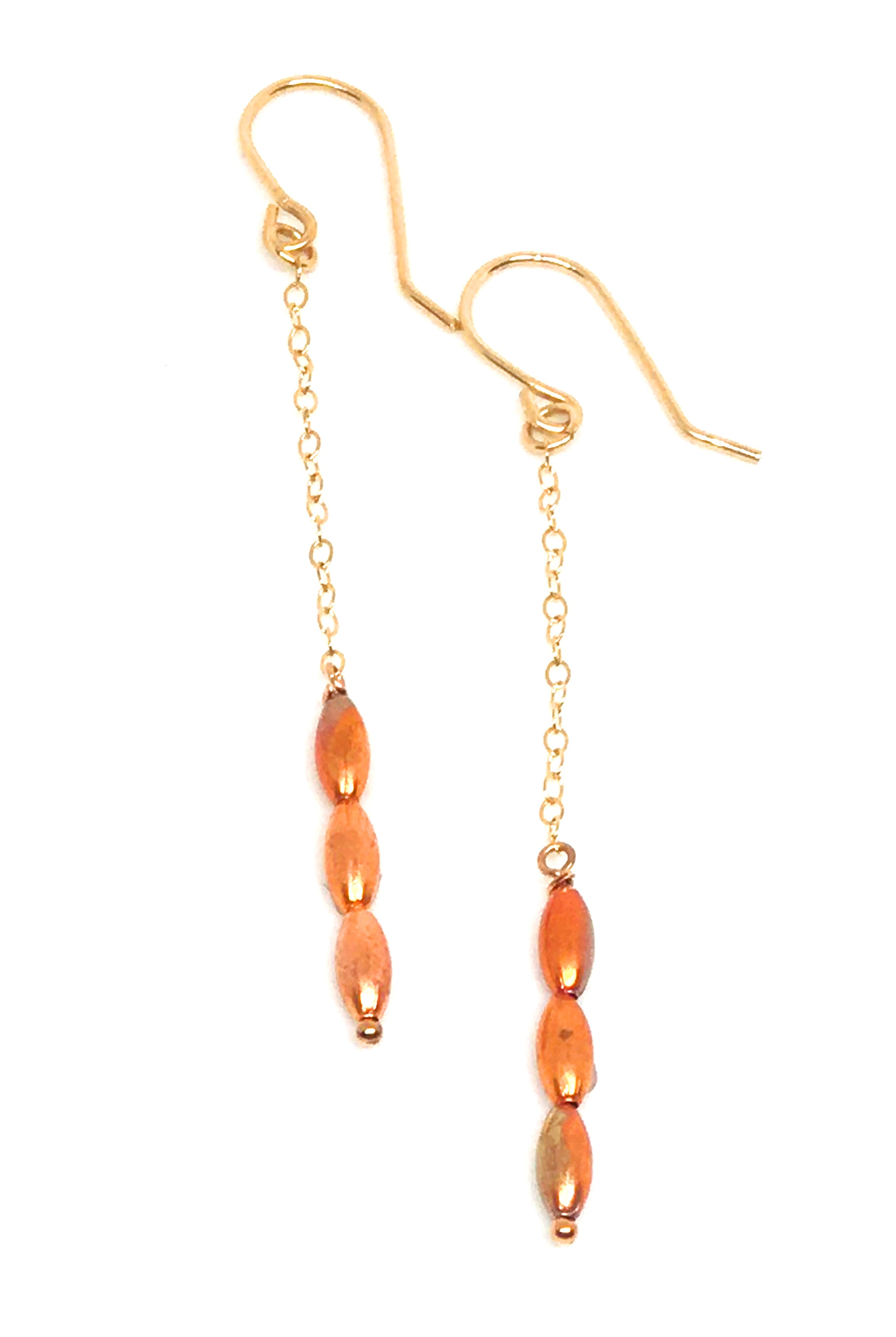 Flame Painted Long Skinny Copper Earrings with Gold Filled Earwires