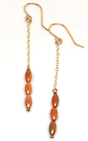Flame Painted Long Skinny Copper Earrings with Gold Filled Earwires