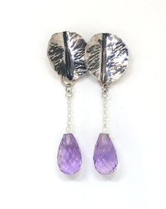 Hand Forged Leaf Earrings with Amethyst Drops in Sterling Silver