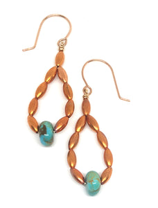 kingman turquoise and oval flame painted copper bead hoop earrings on handmade gold filled earwires