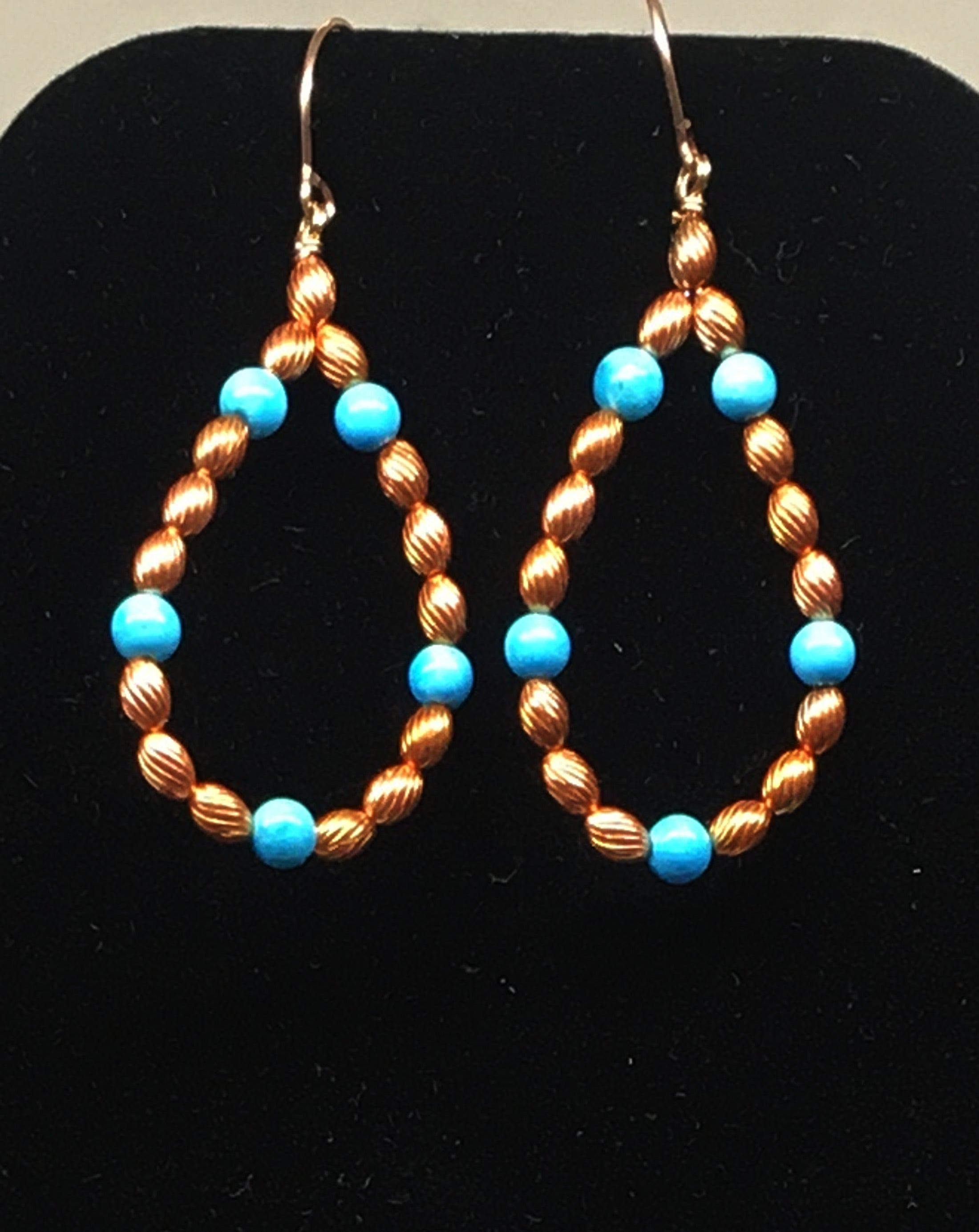 Kingman Turquoise and Flame Painted Corrugated Copper Bead Hoop Earrings - Sonoran Sunset Collection