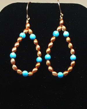 Kingman Turquoise and Flame Painted Corrugated Copper Bead Hoop Earrings - Sonoran Sunset Collection