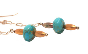 Kingman Turquoise and Flame Painted Copper Bead Dangle Earrings