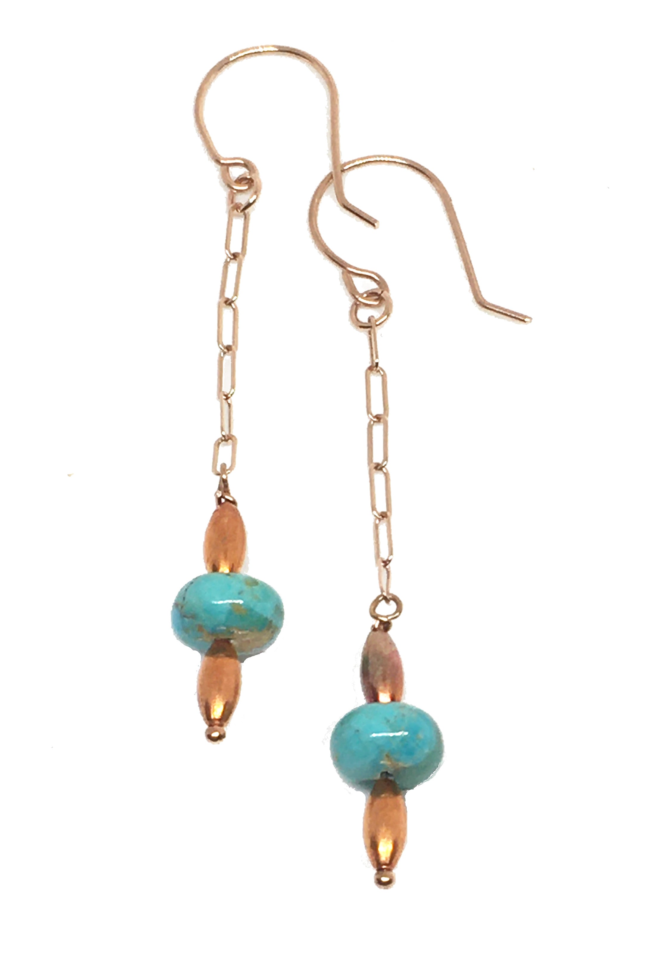 Kingman Turquoise and Flame Painted Copper Bead Dangle Earrings