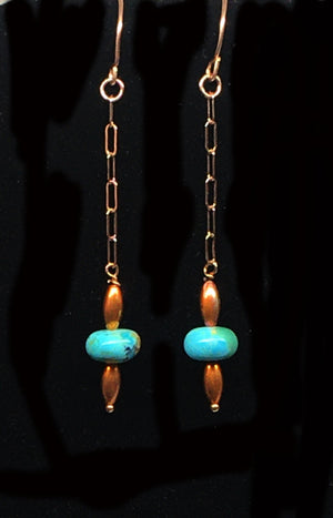 Kingman Turquoise and Flame Painted Copper Bead Dangle Earrings
