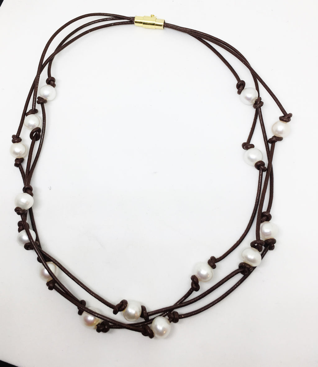 freshwater white pearl triple strand knotted brown leather necklace