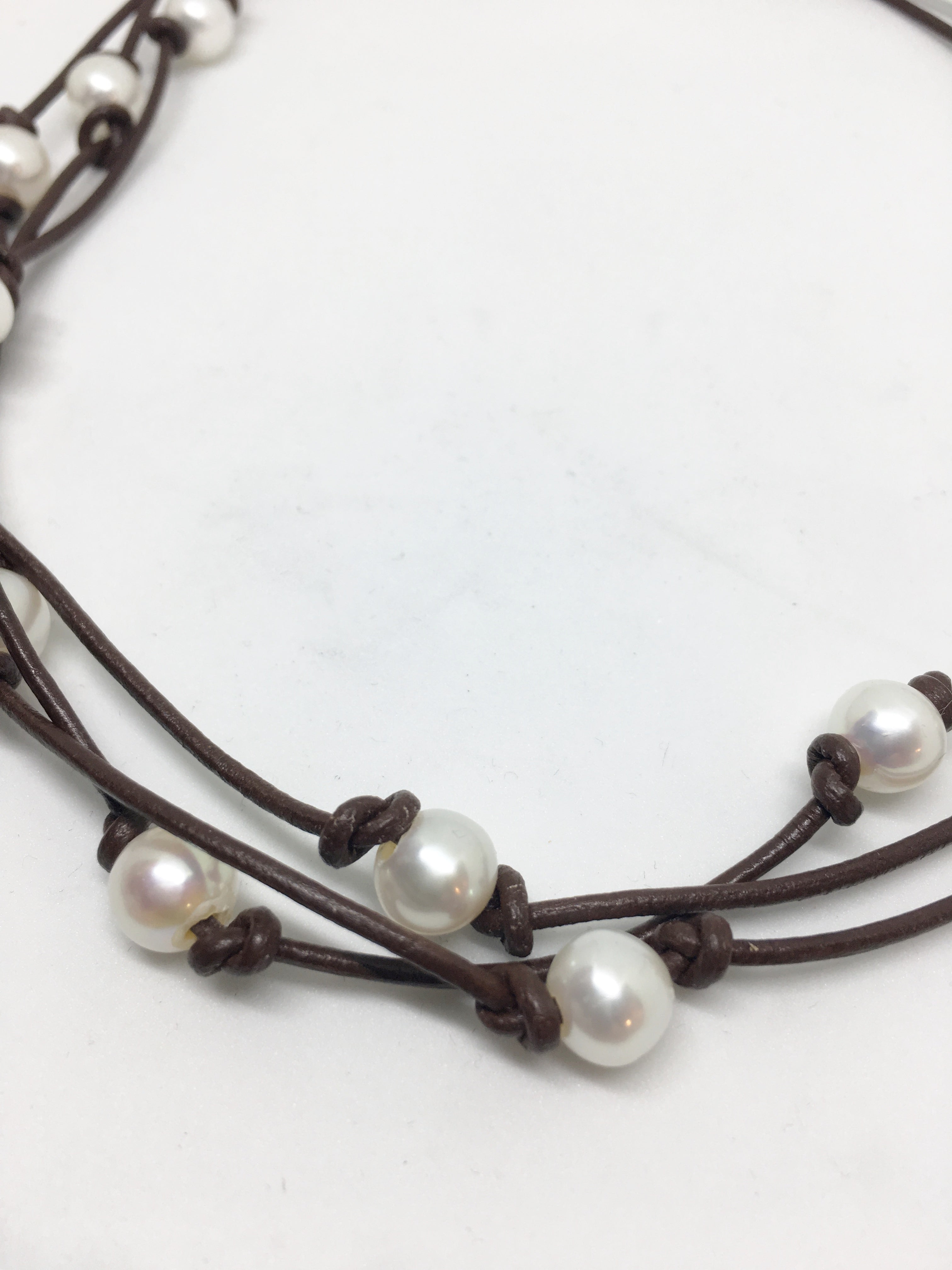 Freshwater Pearl and Knotted Leather Triple Strand Necklace