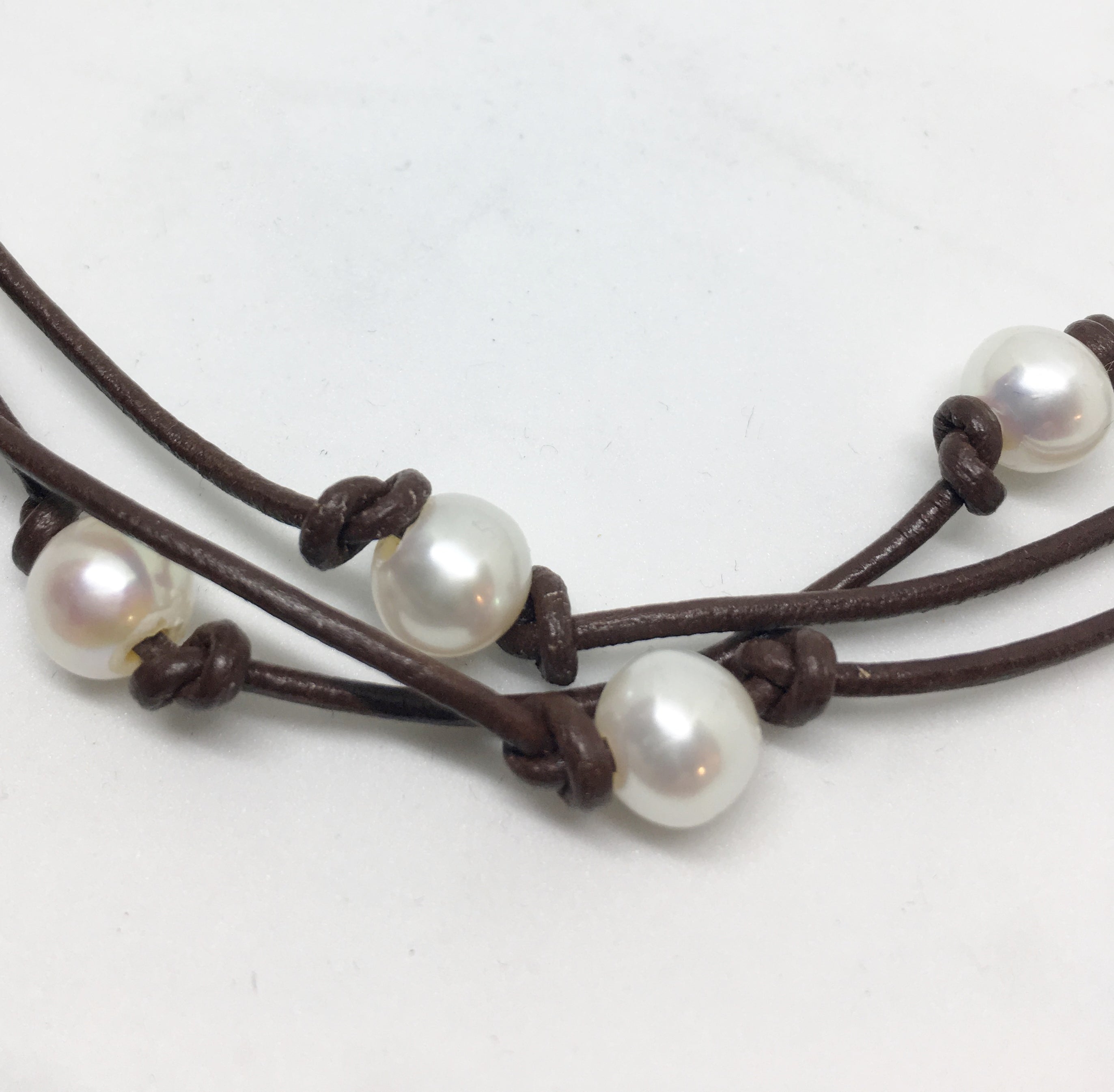 Freshwater Pearl and Knotted Leather Triple Strand Necklace