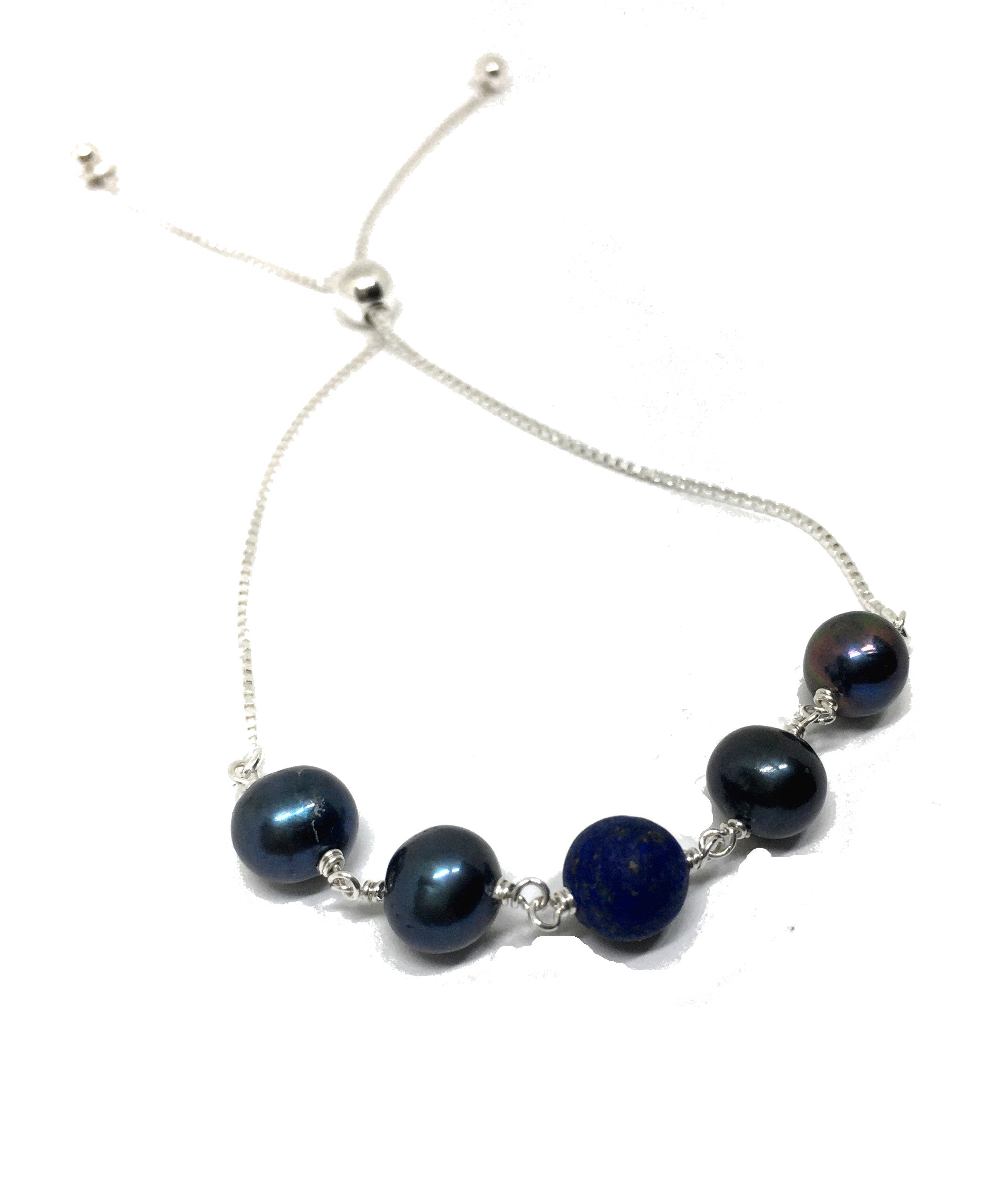 Lapis Lazuli and Black Pearl Bolo Bracelet in Sterling Silver