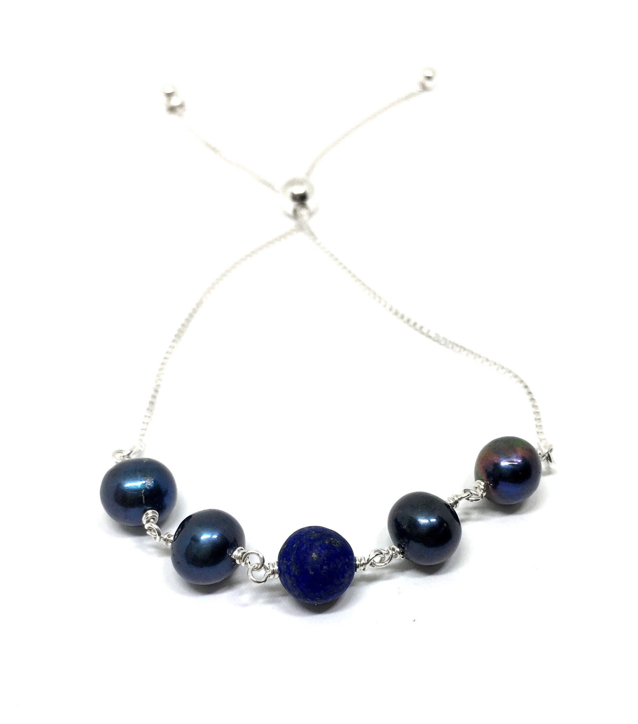 Lapis Lazuli and Black Pearl Bolo Bracelet in Sterling Silver