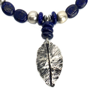 Lapis Lazuli and Antique Silver Bead Necklace with Fold Formed Silver Leaf