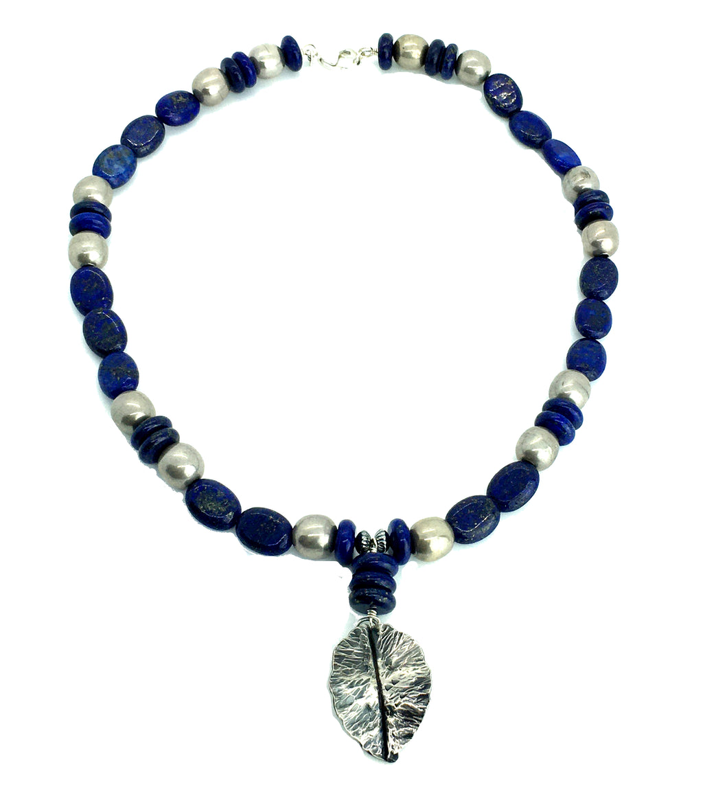 (SOLD) Lapis Lazuli and Antique Silver Bead Necklace with Fold Formed Silver Leaf