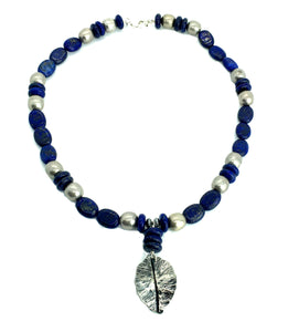 Lapis Lazuli and Antique Silver Bead Necklace with Fold Formed Silver Leaf