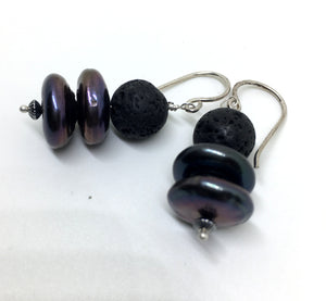 Peacock Freshwater Pearl and Black Lava Earrings