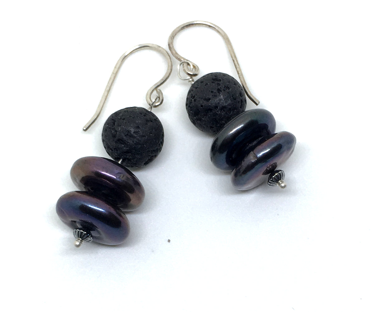Peacock Coin Pearl and Black Lava Dangle Earring